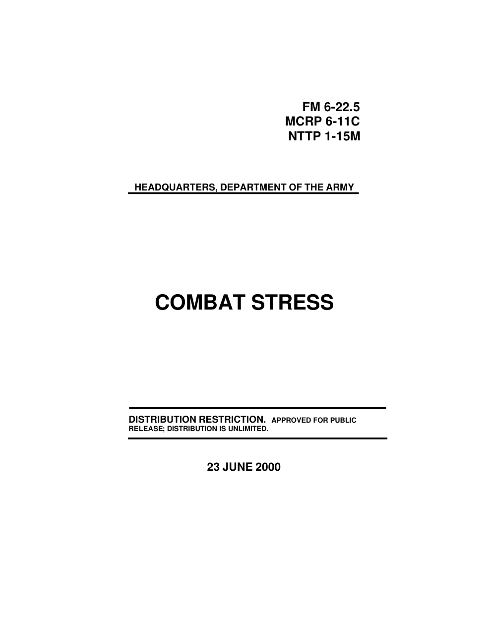 ARMY Combat Stress FM 6-22.5 2000 94p. cover