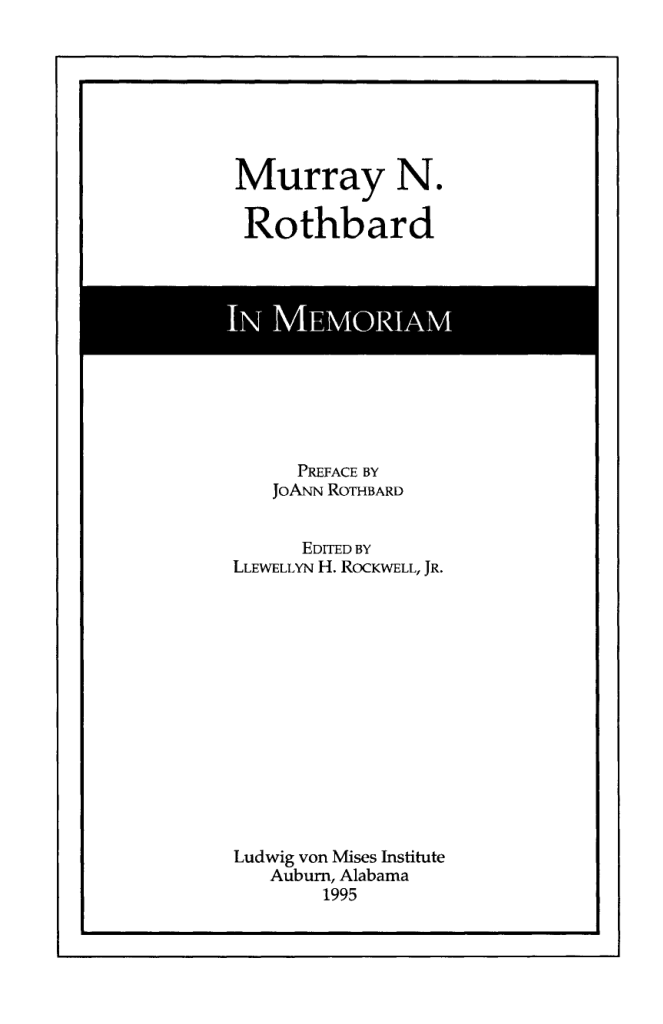 Murray Rothbard - In Memoriam cover