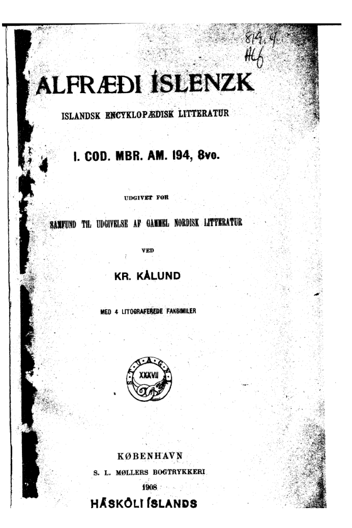 Alfræði íslenzk I Codex AM 194, 8vo cover