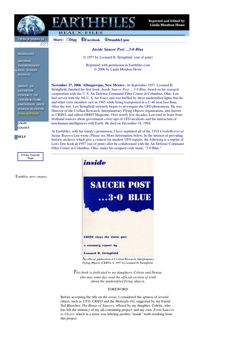 01 27 2006 Inside Saucer Post 3-0 Blue 1957 by Leonard H. Stringfield cover
