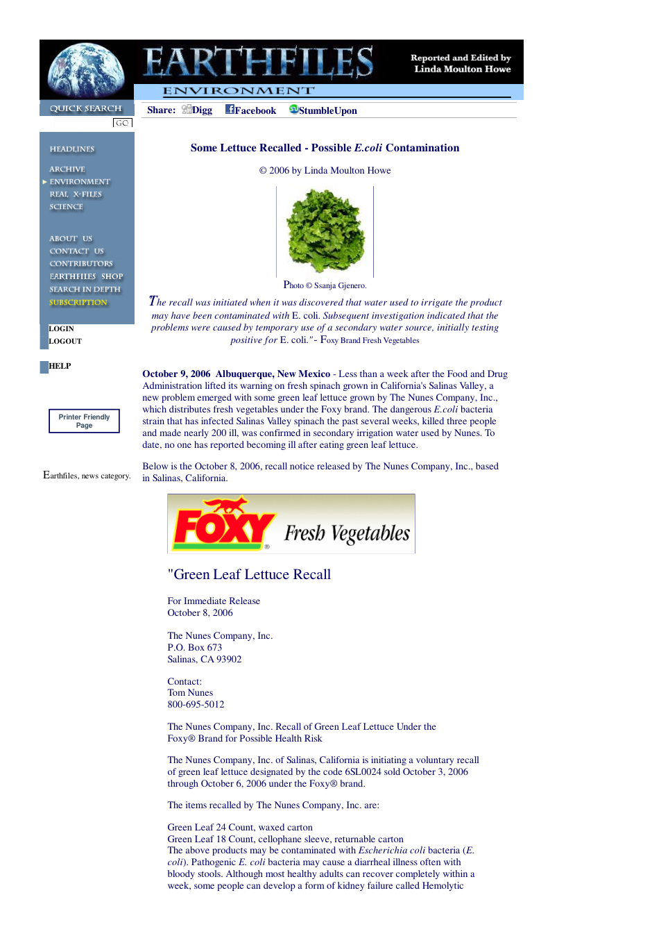 10 09 2006 Some Lettuce Recalled - Possible E.coli Contamination cover