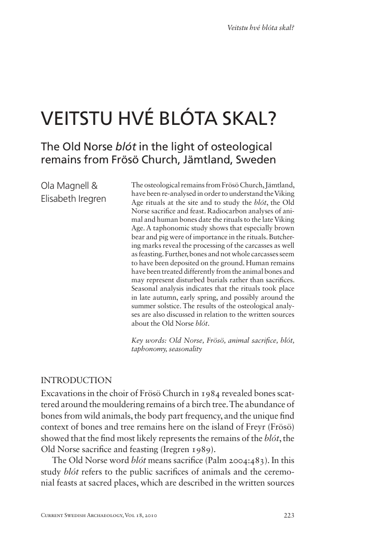 Ola Magnell, Elisabeth Iregren - The Old Norse blót in the light of osteological remains from Frösö Church, Jämtland, Sweden cover