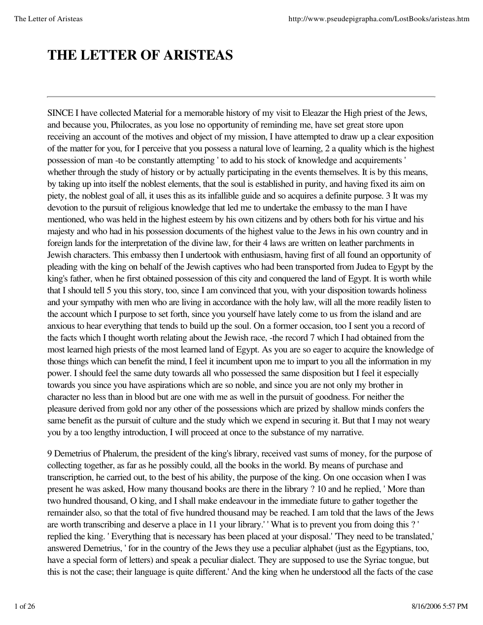 Letter of Aristeas cover