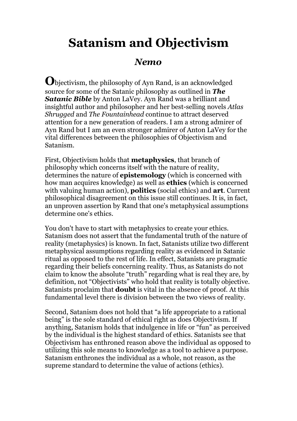 Nemo - Satanism & Objectivism cover
