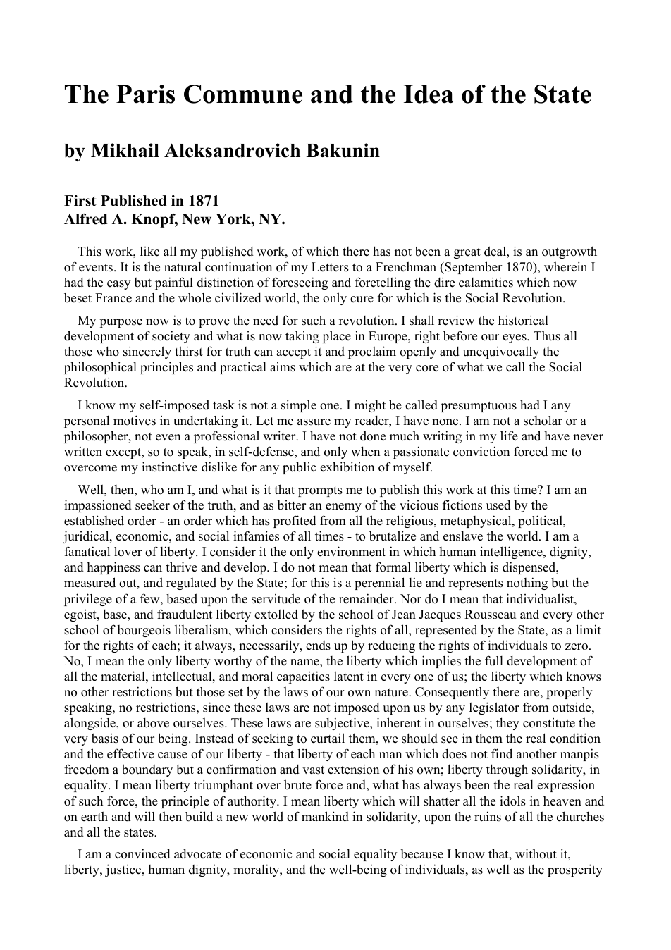 Miikhail Bakunin - The Paris Commune & the Idea of the State cover