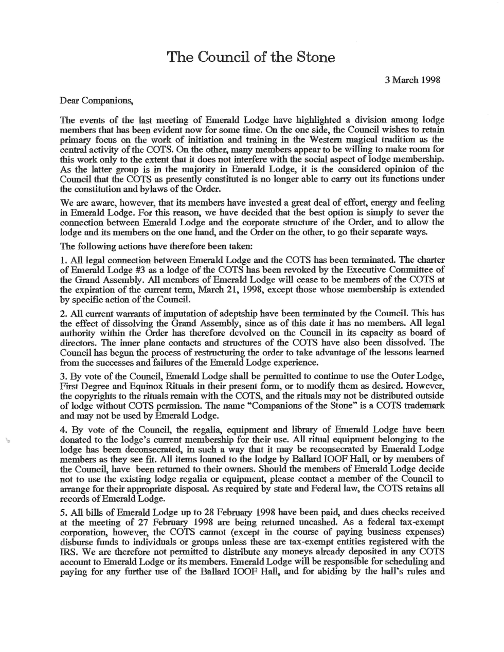 CotS Emerald Lodge Closing Letter cover