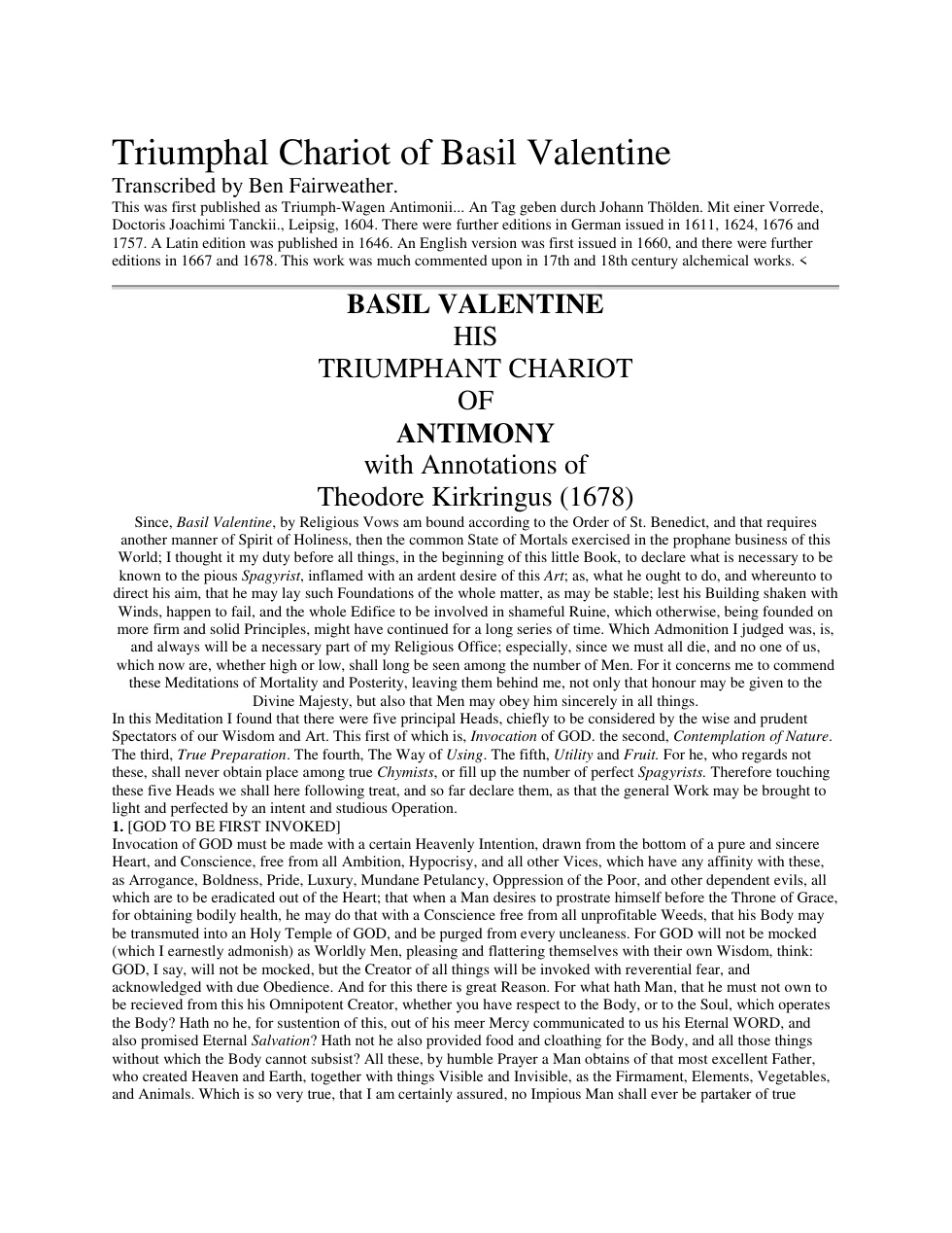 Basil Valentine's Triumphal Chariot of Antimony cover