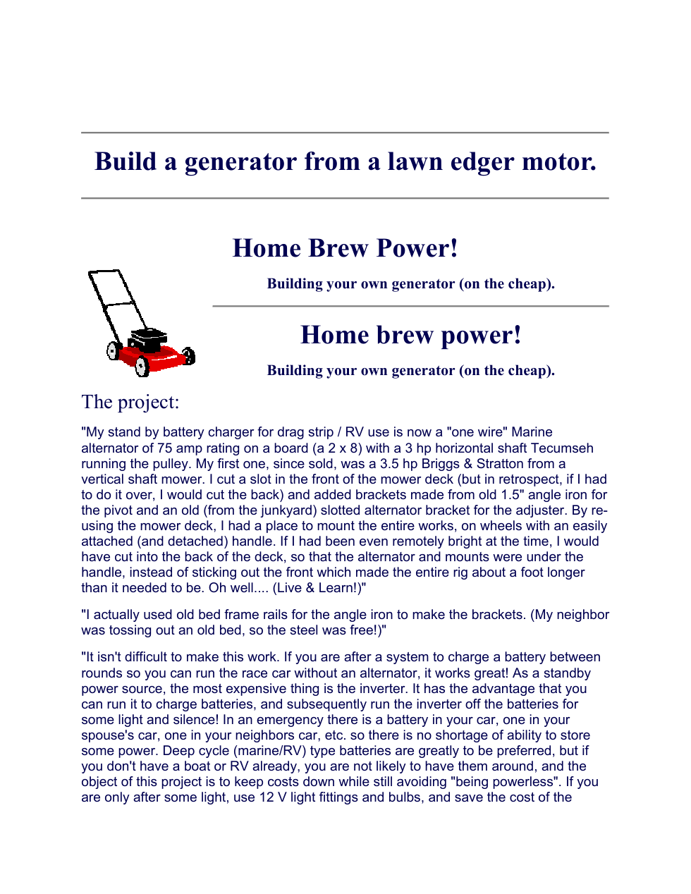 Build a generator from a lawn edger motor 13 pages cover