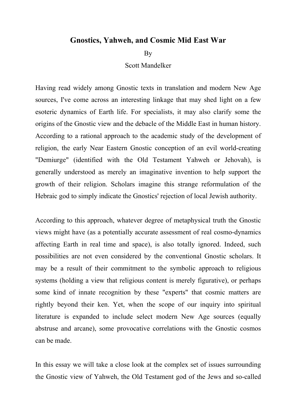 Gnostics Yahweh and Cosmic Mid East War cover