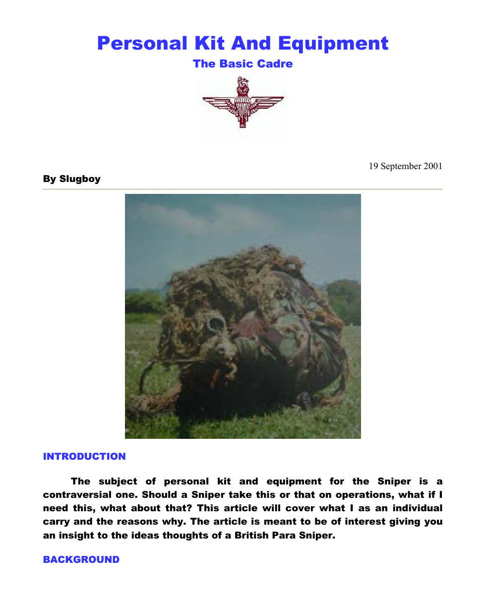 Sniper Personal Kit and Equipment 2001 13 pages cover