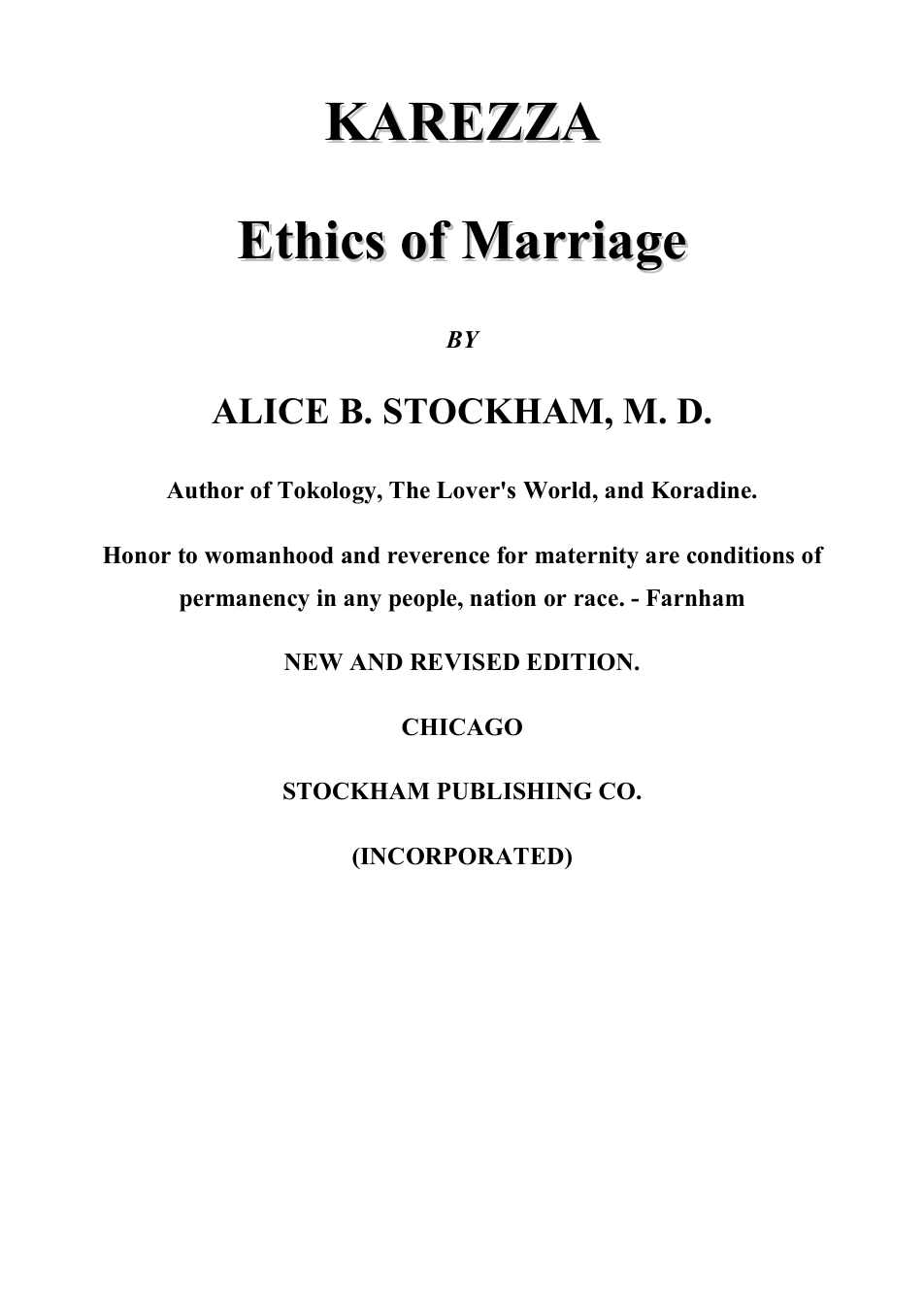 Karezza Ethics of Marriage - A B Stockham cover