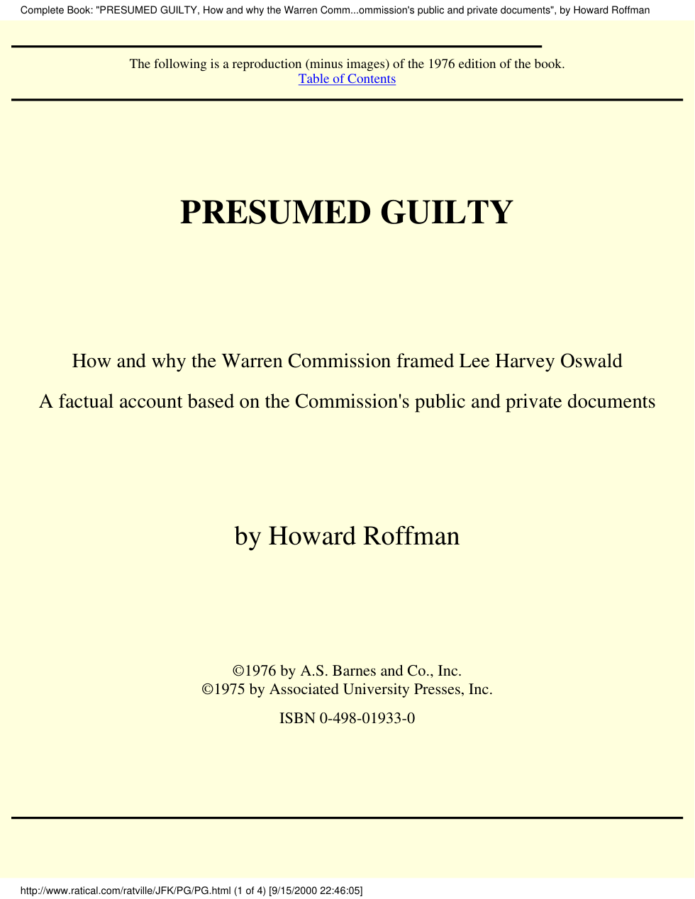 Roffman, Howard - Presumed Guilty - How and Why the Warren Commission Framed Oswald cover