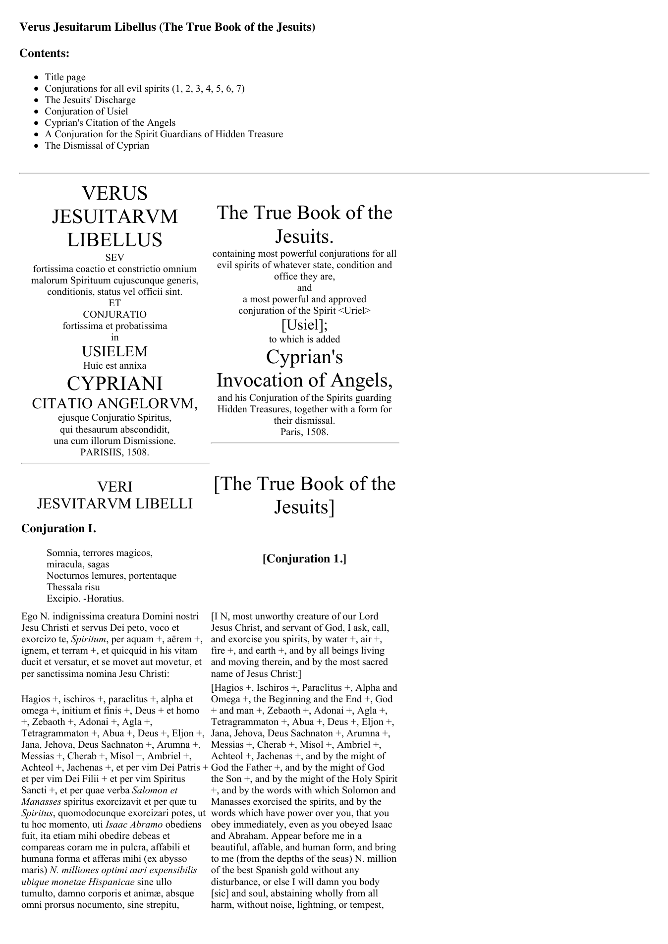 Verus Jesuitarum Libellus, The True Book of the Jesuits cover