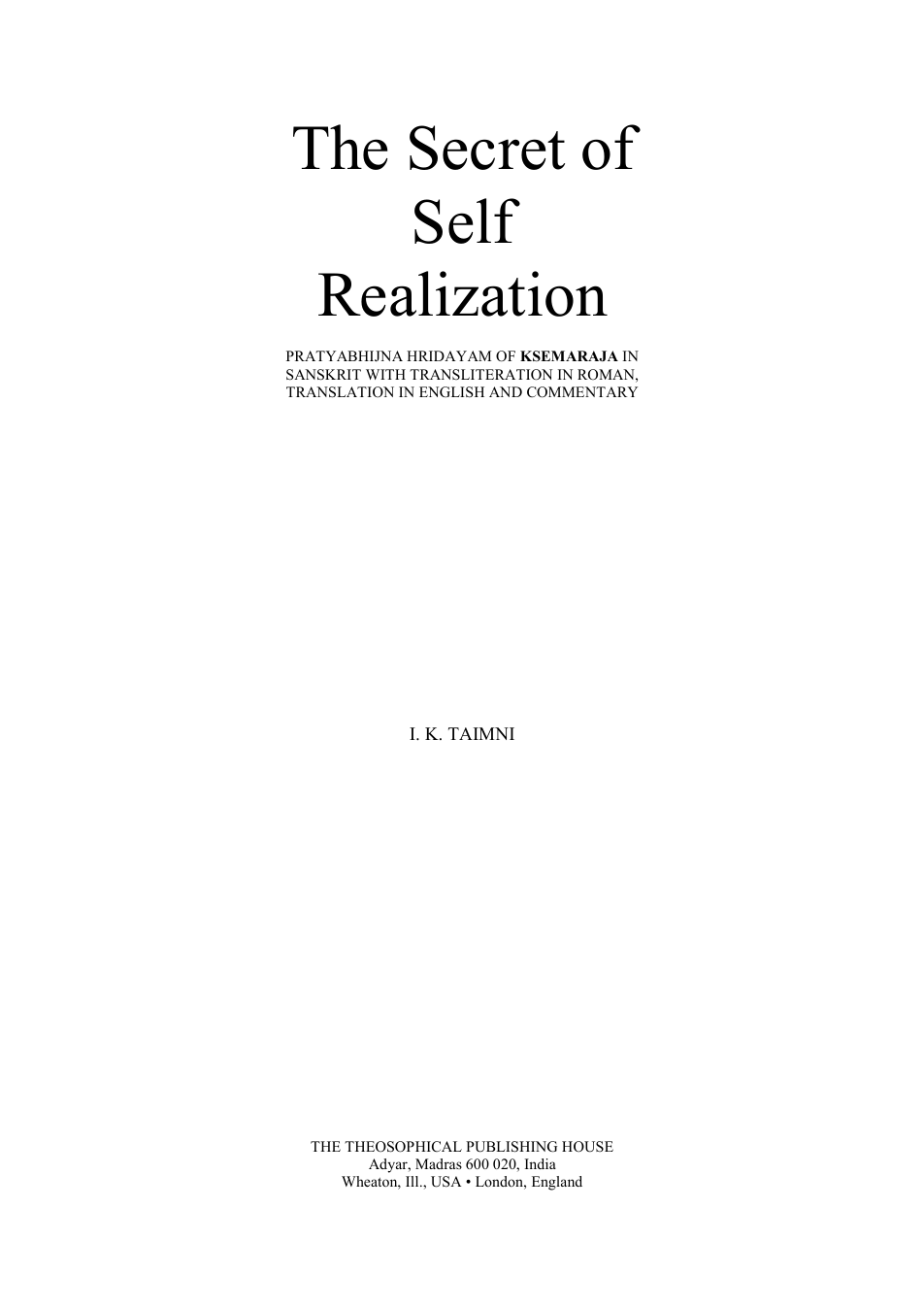 Taimni - The Secret of Self Realization cover