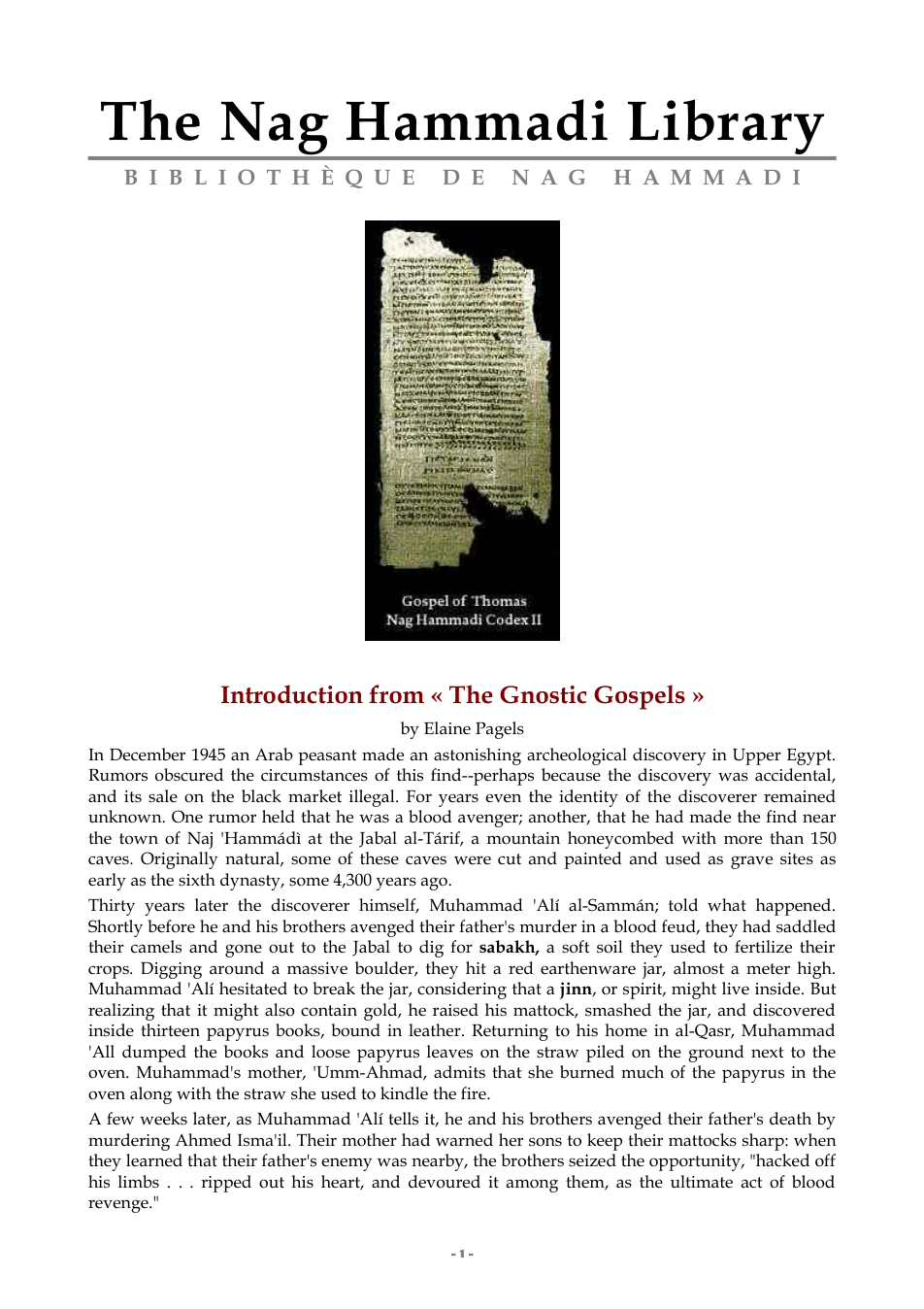 Gnostic Gospels - Nag Hammadi Library cover