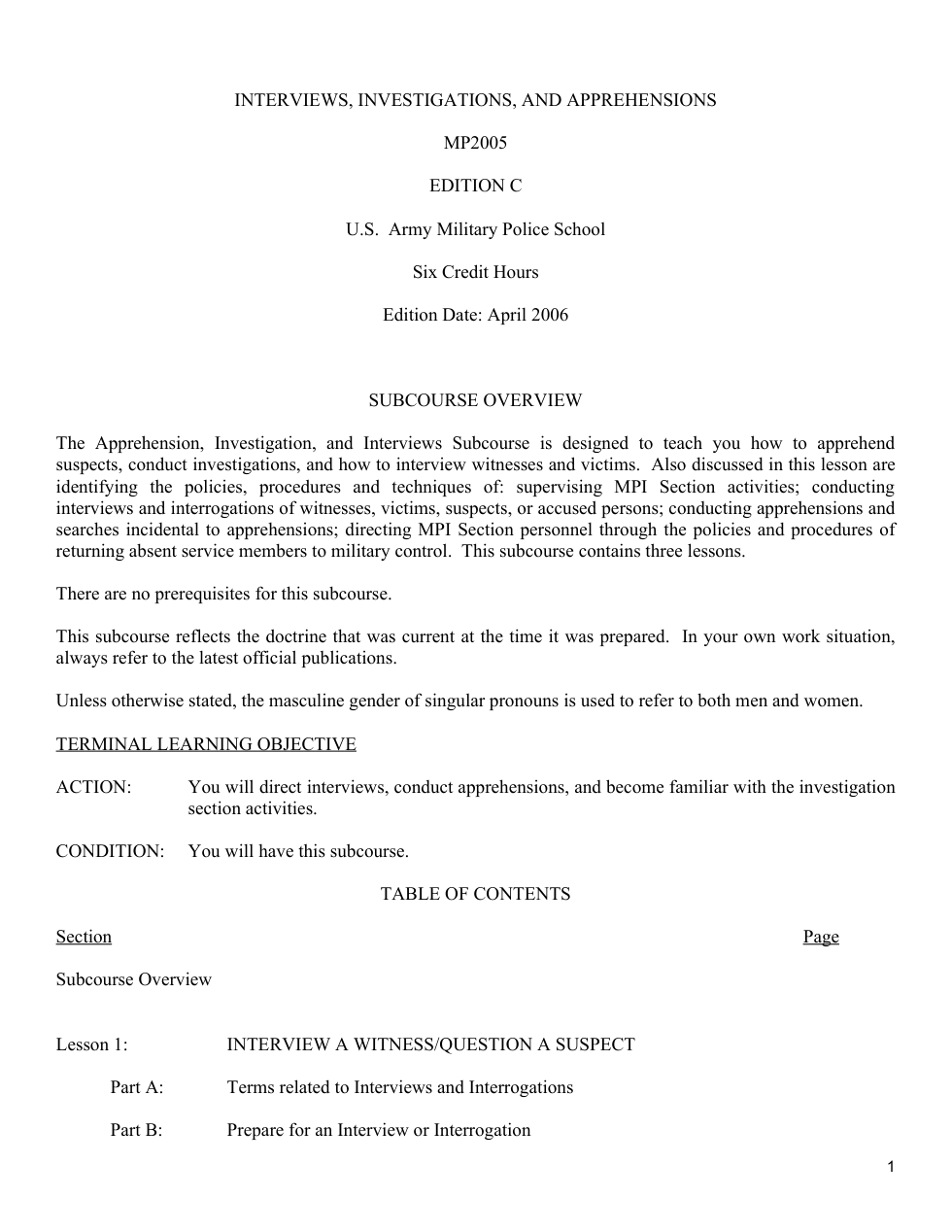 ARMY MP Interviews,Investigations,Apprehend 2006 86pgs cover