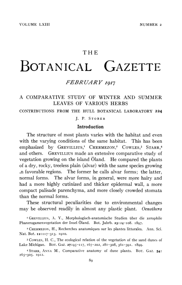A Comparative Study of Winter and Summer Leaves of Various Herbs (Volume 63) - Stober, J. P. 1917 cover
