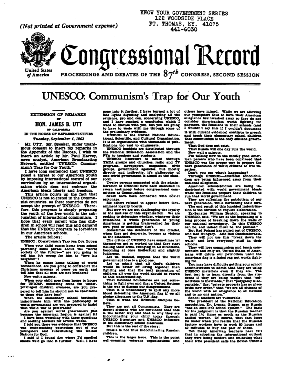Congressional Record - UNESCO - Communism's Trap for Our Youth (1962) cover
