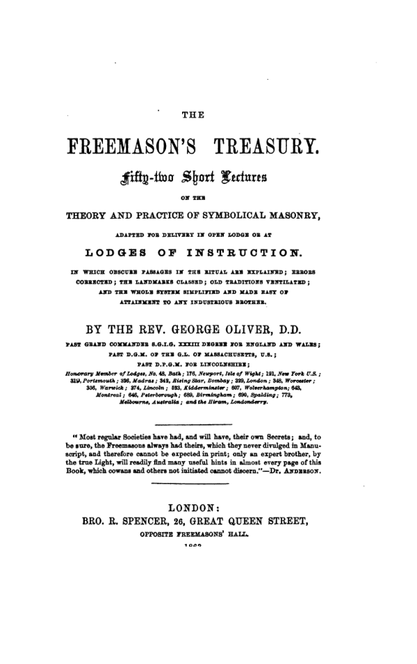 The Freemasons Treasury - G Oliver cover