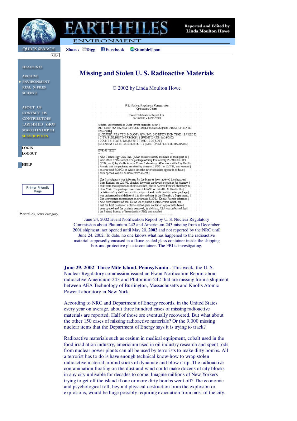 06 29 2002 Missing and Stolen U. S. Radioactive Materials cover