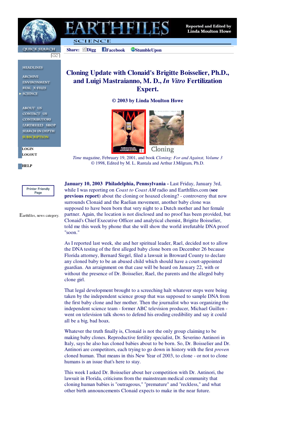 01 10 2003 Cloning Update with Clonaid's Brigitte Boisselier, Ph.D., and Luigi Mastraianno, M. D., In Vitro Fertilization Expert. cover