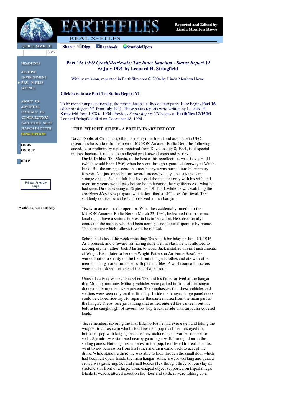 08 30 2004 Part 16 UFO Crash Retrievals The Inner Sanctum - Status Report VI July 1991 by Leonard H. Stringfield cover