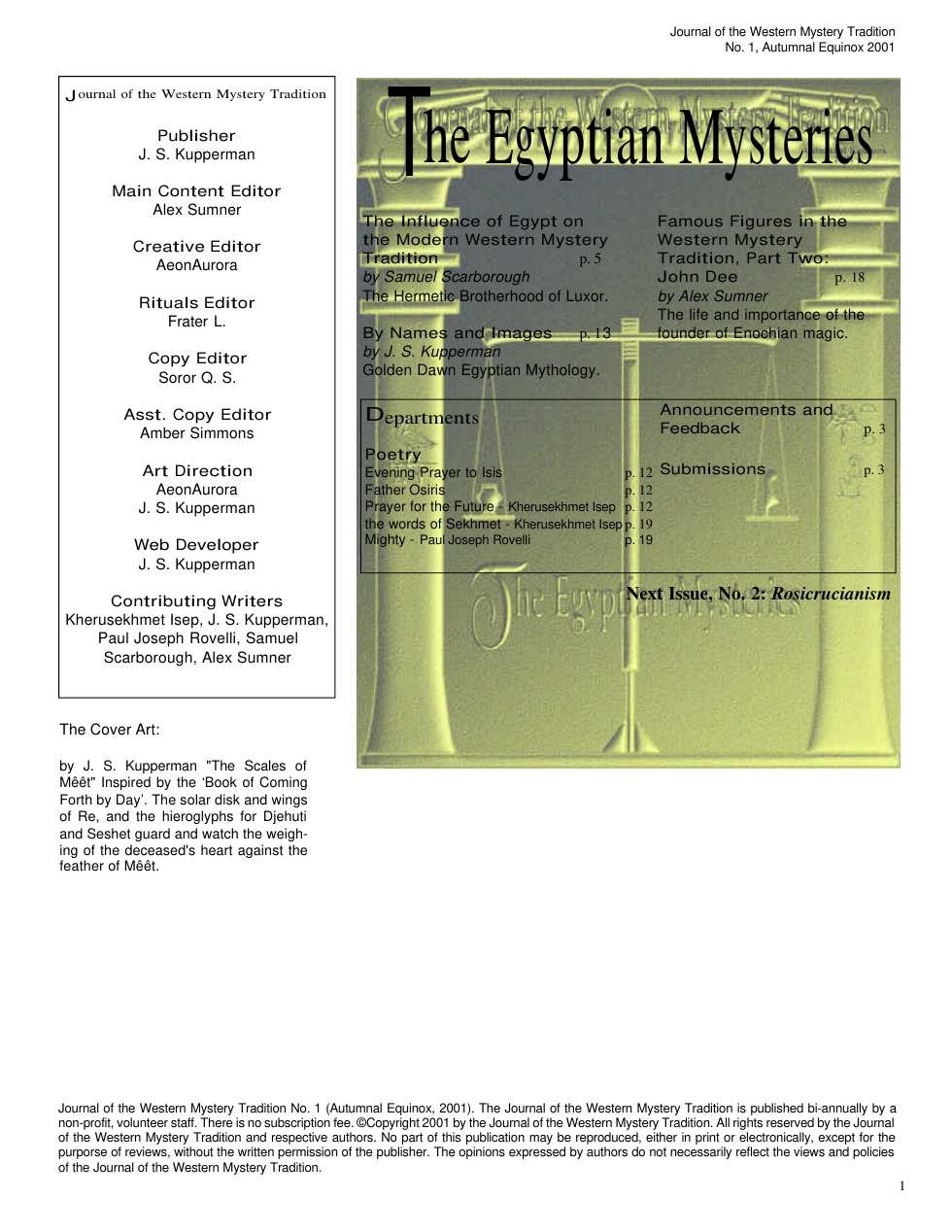 Journal of Western Mystery Tradition - No.1 - The Egyptian Mysteries cover