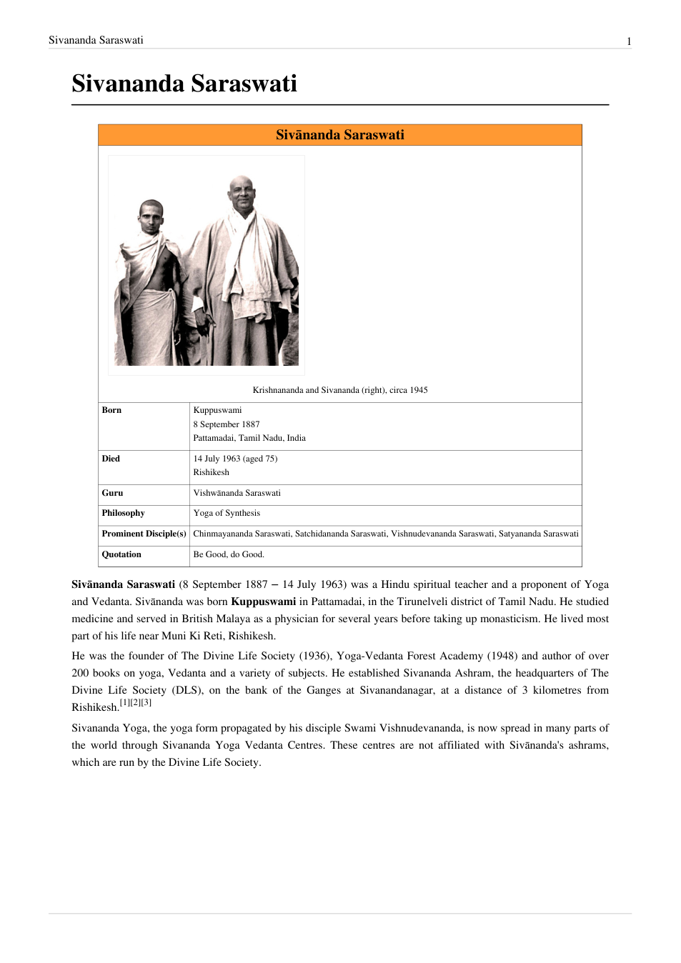 Sivananda Saraswati - Biography wikipedia cover
