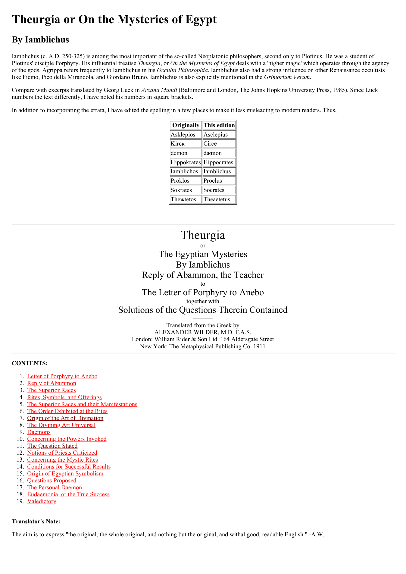 Iamblichus - Theurgia, or the Egyptian Mysteries cover