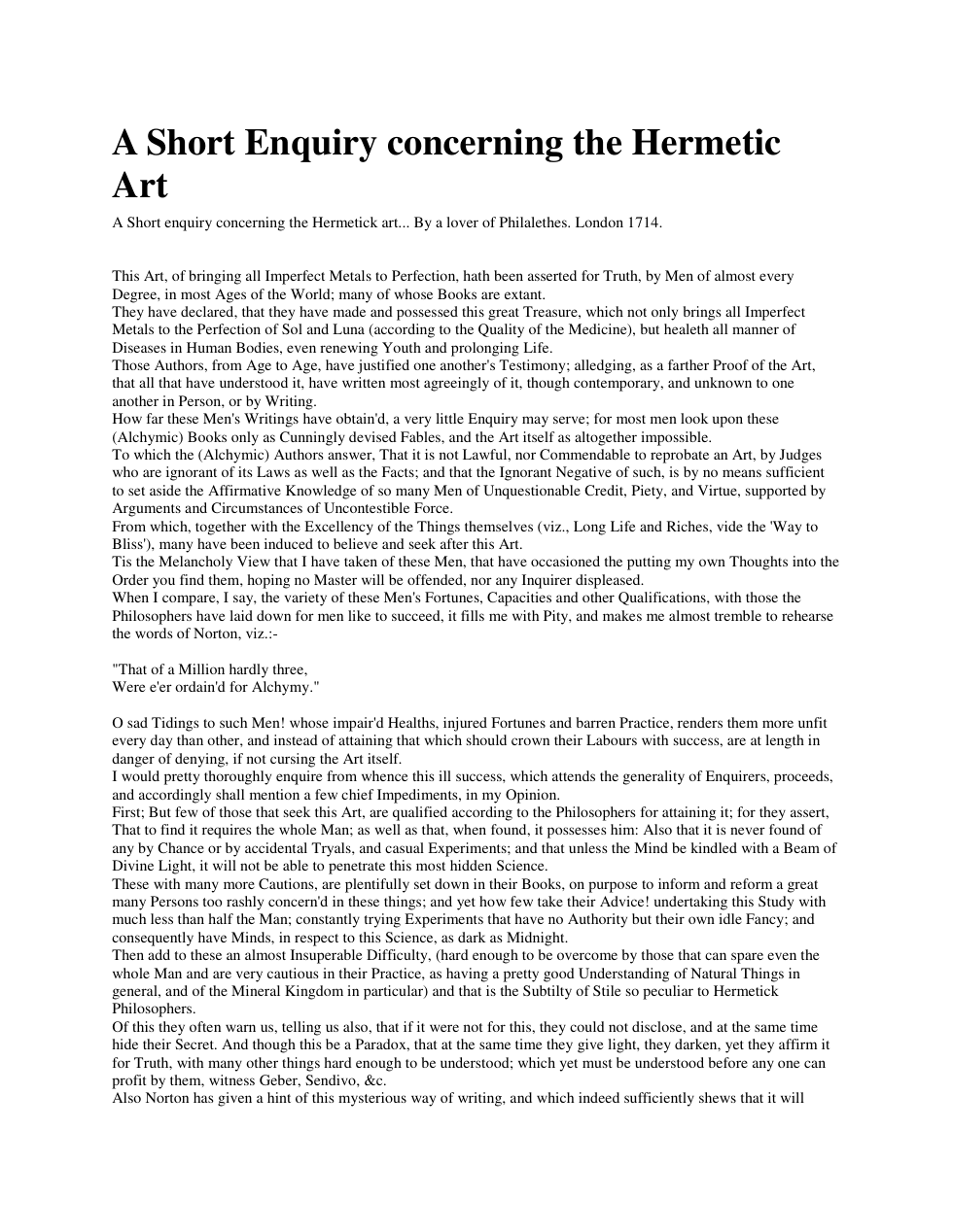 A Short Enquiry concerning the Hermetic Art cover