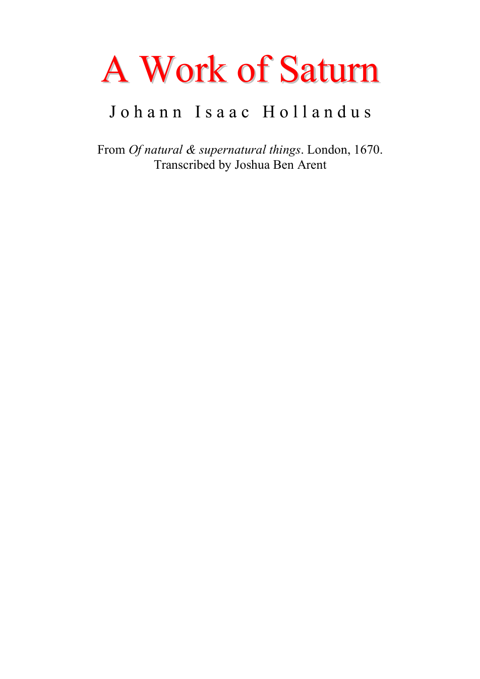 A Work Of Saturn - J I Hollandus cover