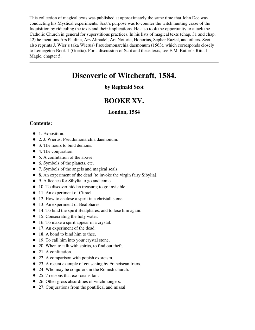 Discoverie of Witchcraft, 1584 by Reginald Scot Booke XV cover