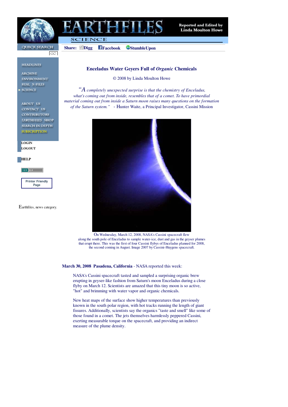 03 30 2008 Enceladus Water Geyers Full of Organic Chemicals cover