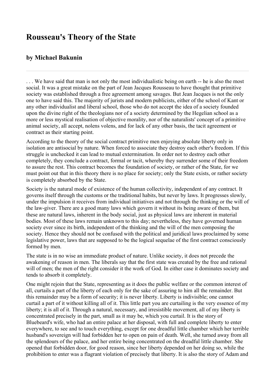 Miikhail Bakunin - Rousseau's Theory of the State cover