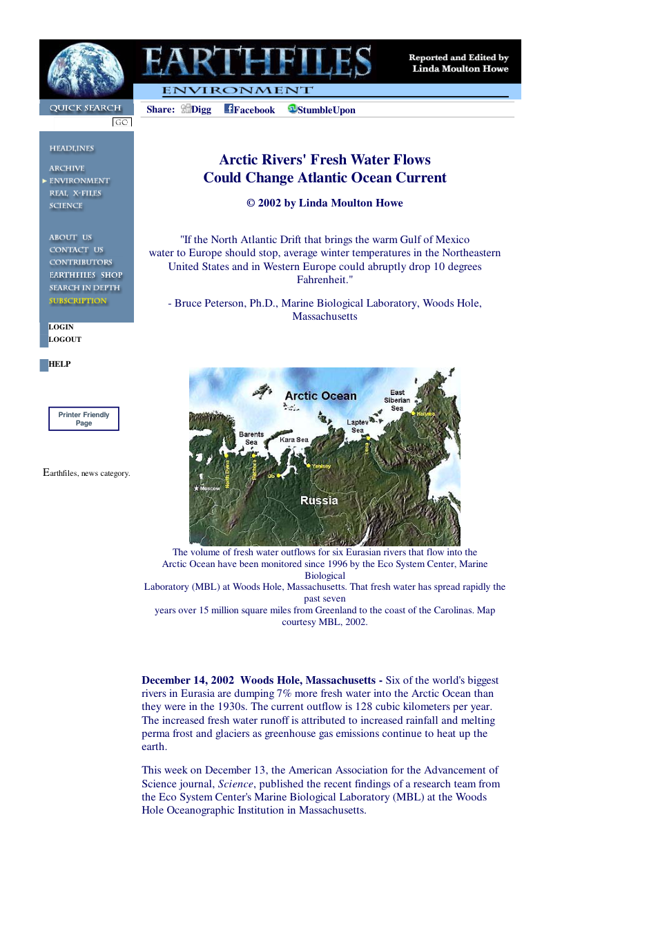 12 14 2002 Arctic Rivers' Fresh Water Flows Could Change Atlantic Ocean Current cover