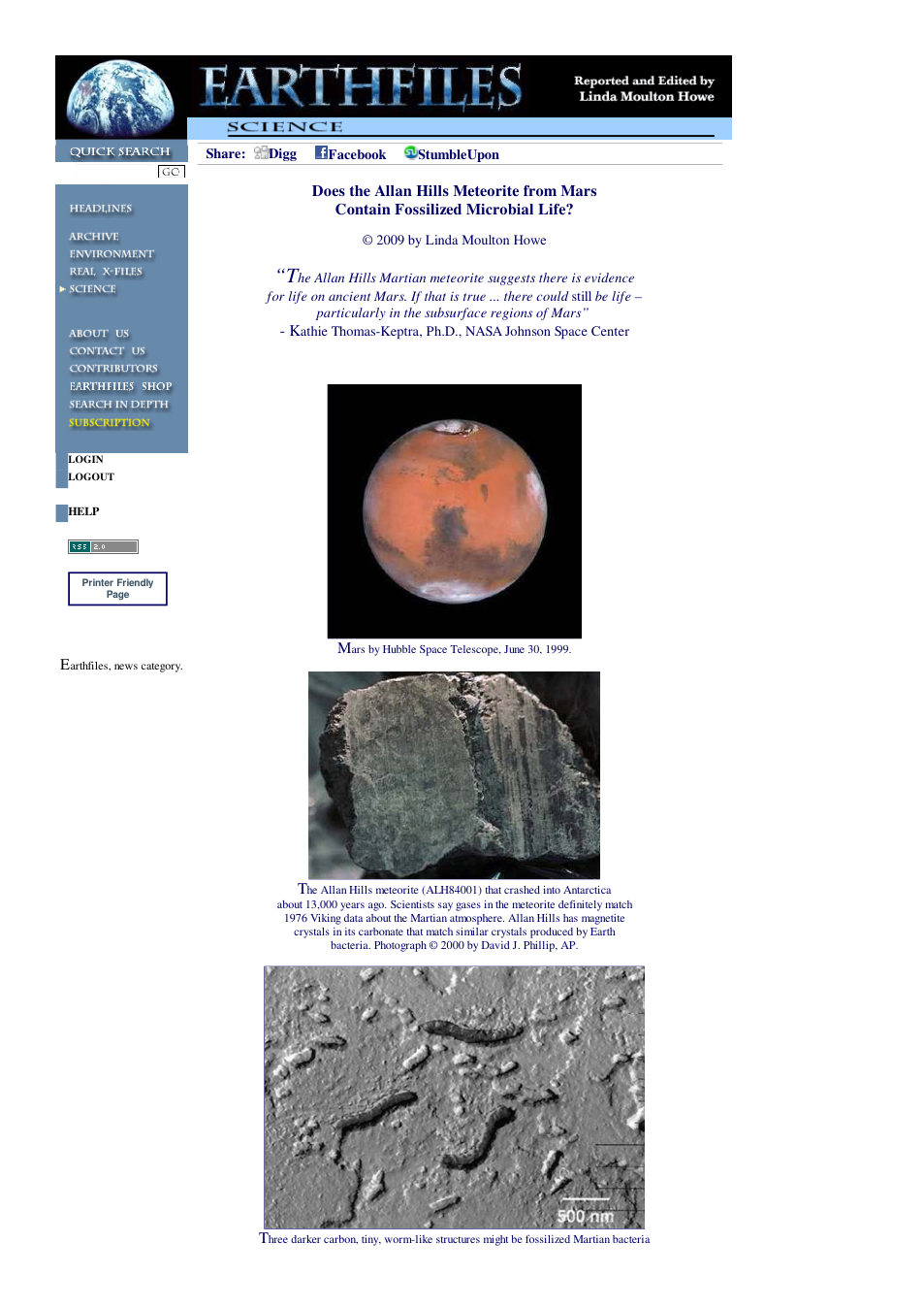 12 24 2009 Does the Allen Hills Meteorite from Mars Contain Fossilized Microbial Life cover