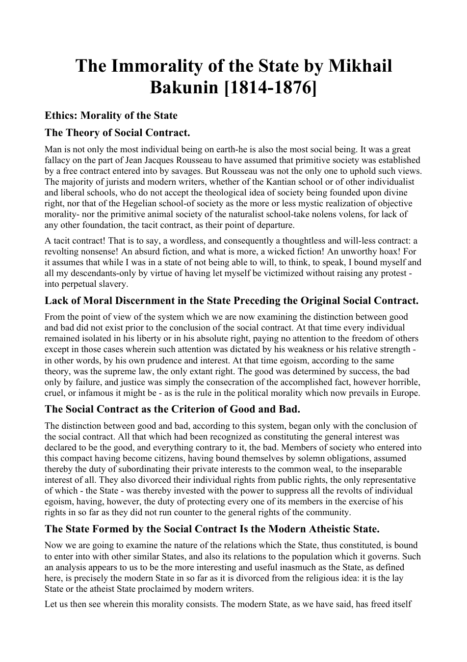 Miikhail Bakunin - The Immorality of the State cover