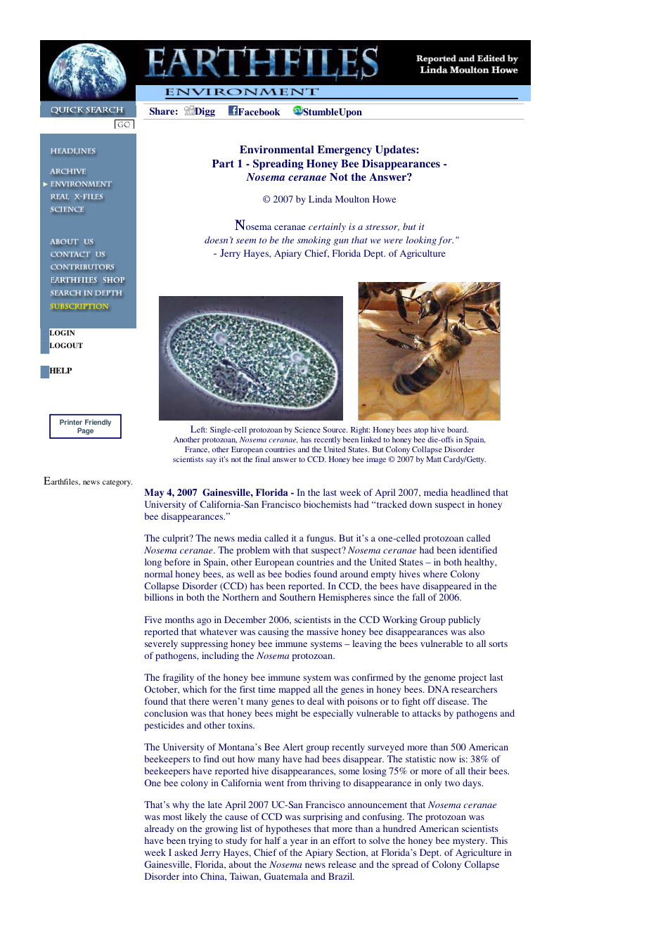 05 04 2007 Environmental Emergency Updates Part 1 - Spreading Honey Bee Disappearances - Nosema ceranae Not the Answer cover