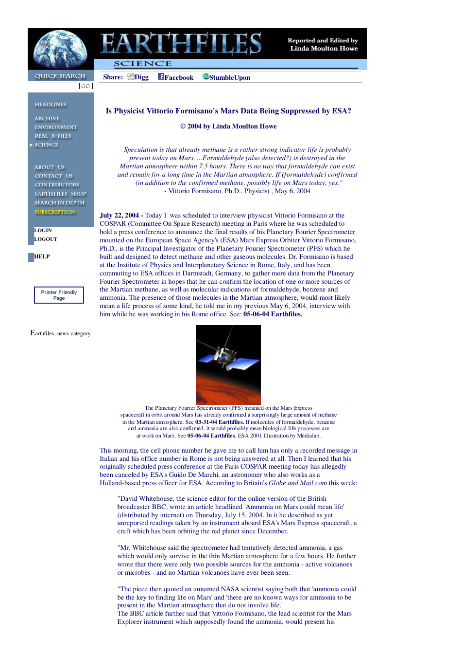 07 22 2004 Is Physicist Vittorio Formisano's Mars Data Being Suppressed by ESA cover