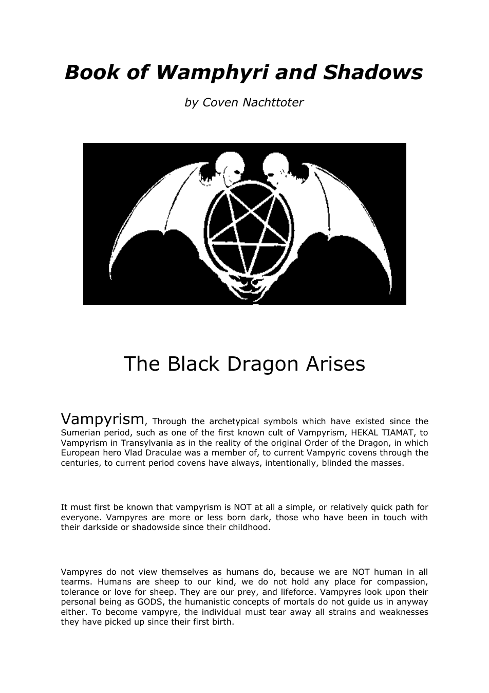 Book of Wamphyri and Shadows by Coven Nachttoter cover