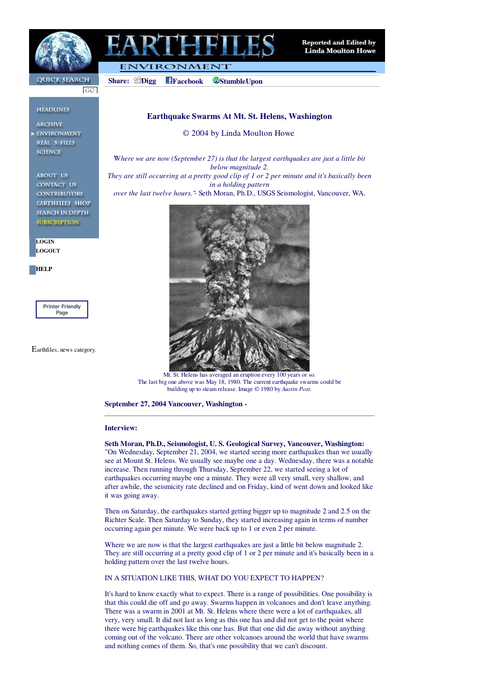 09 27 2004 Earthquake Swarms At Mt. St. Helens, Washington cover