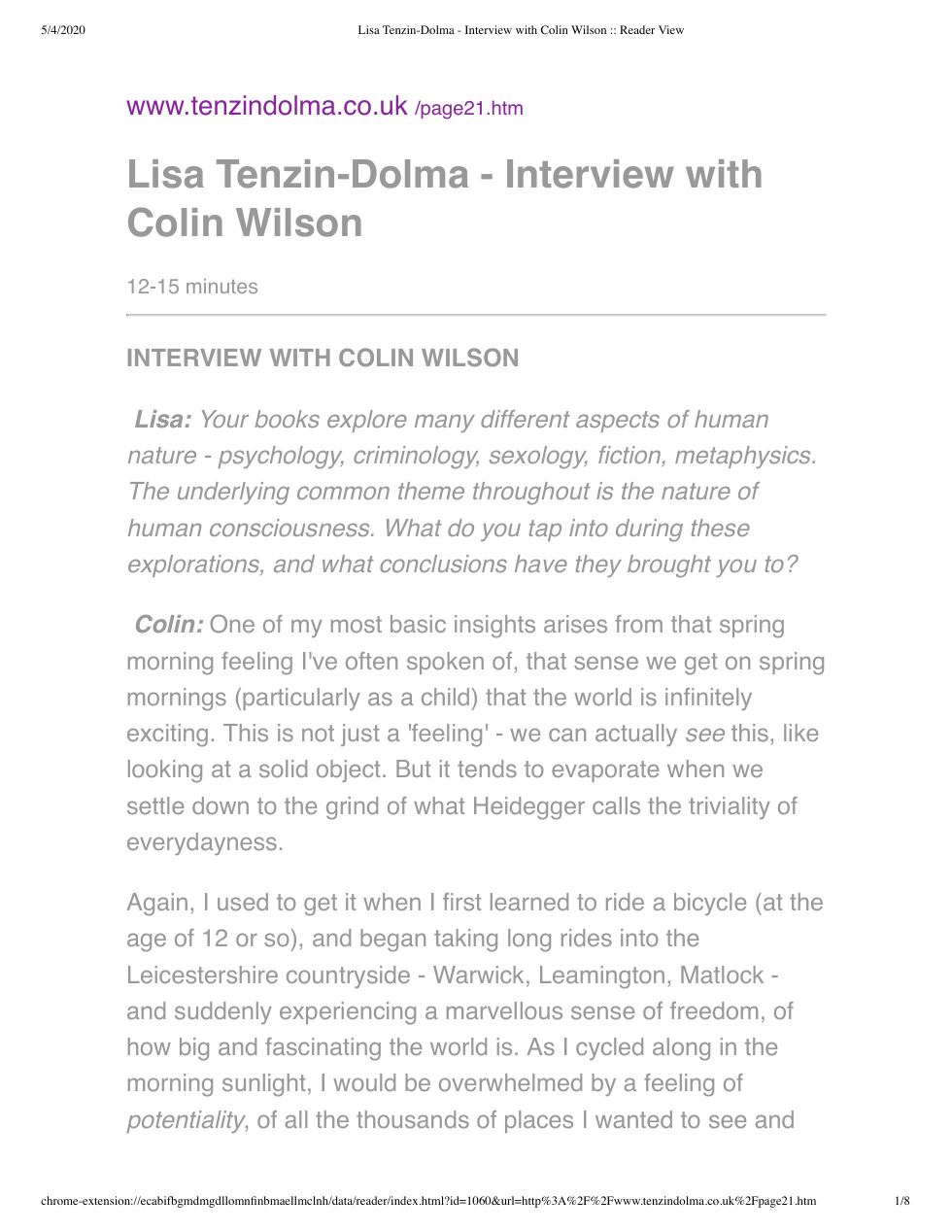 Colin Wilson - Interview By Lisa Tenzin-Dolma cover