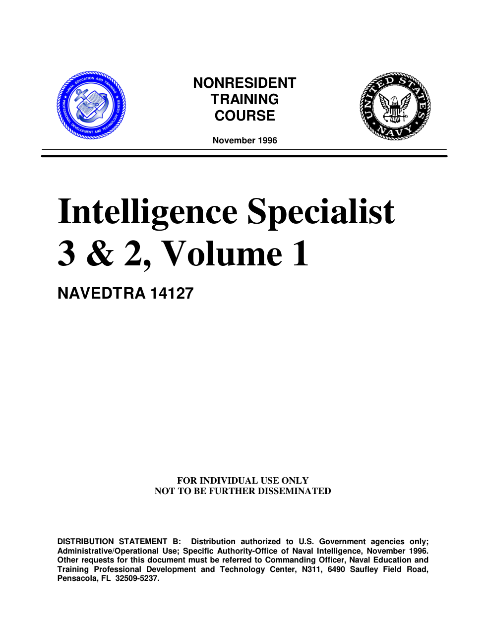 NAVY Intel Specialist 3 & 2, Volume 1 1996 402 pages cover
