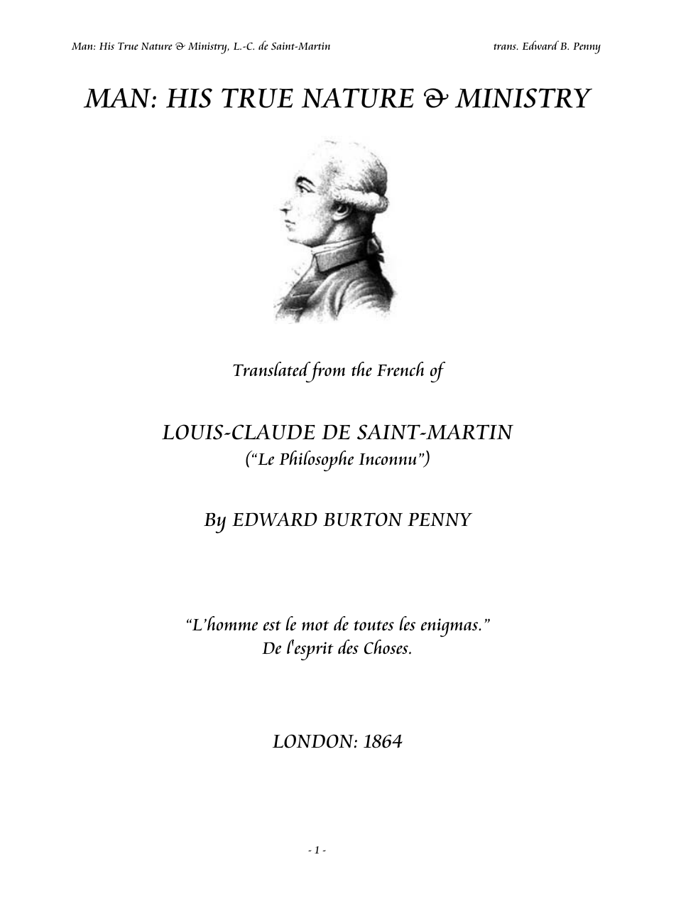 Man - His True Nature & Ministry - L C De Saint-Martin cover