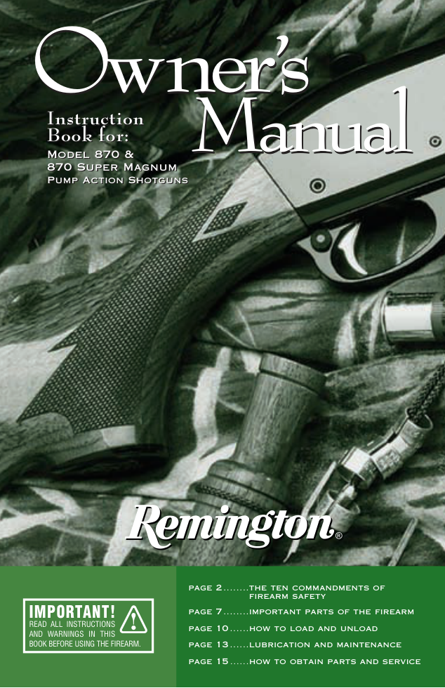 Remington 870 & Super Mag Pump Shotgun Manual 20 pages cover