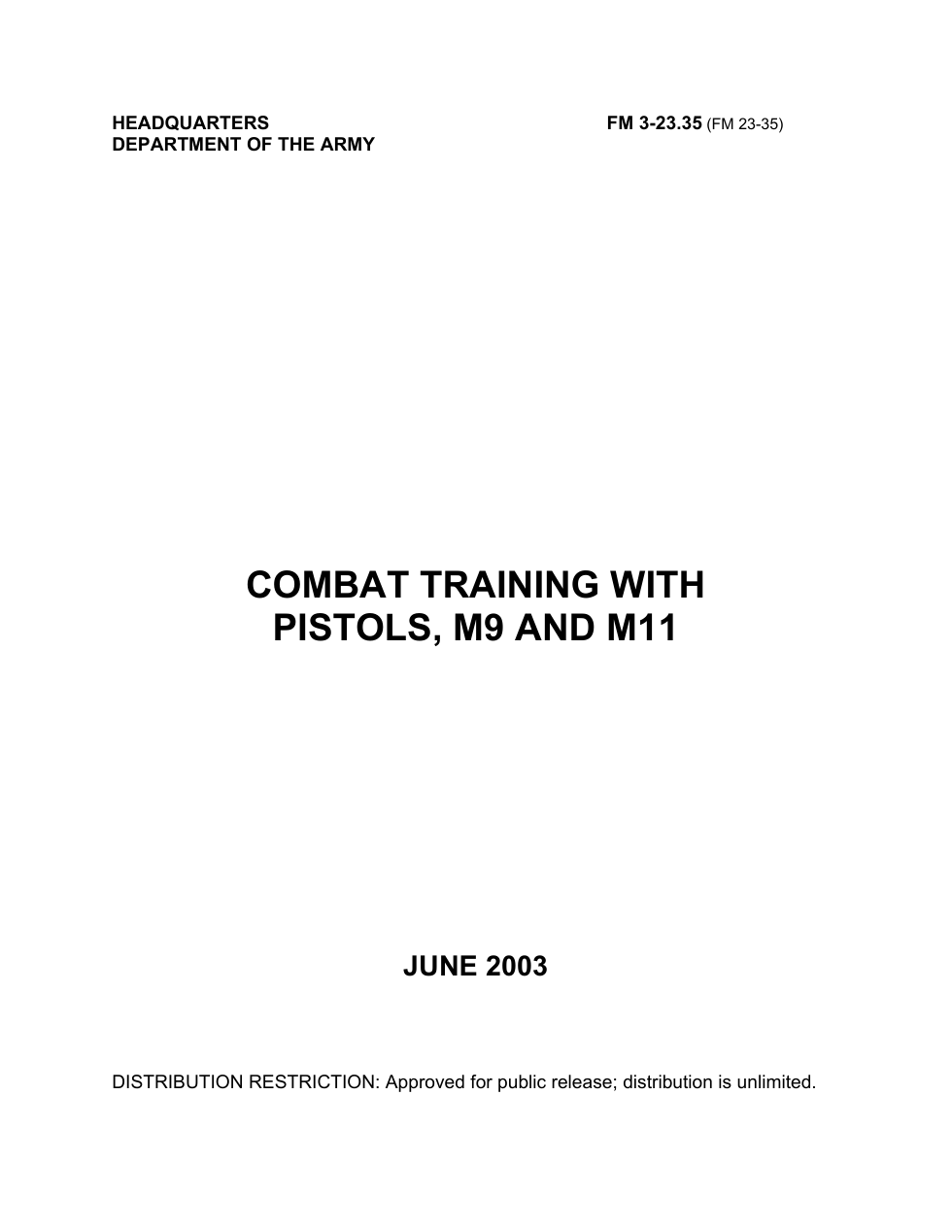 FM 3-23.35 Combat Training with Pistols, M9 and M11 cover