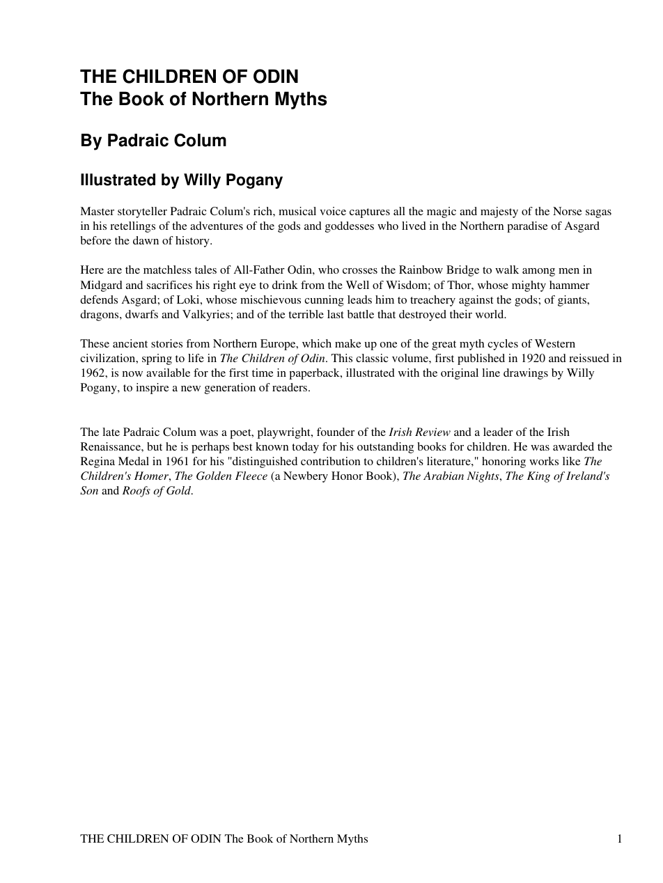 Padraic Colum - The Children Of Odin The Book Of Northern Myths cover