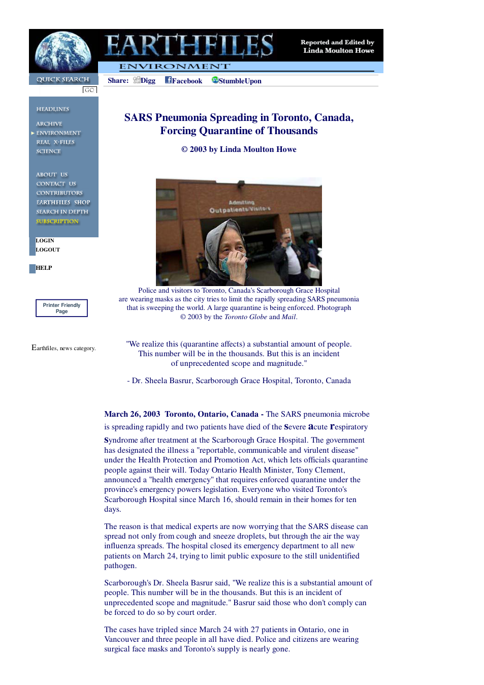 03 26 2003 SARS Pneumonia Spreading in Toronto, Canada, Forcing Quarantine of Thousands cover
