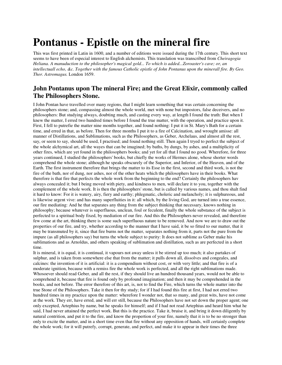 Pontanus - Epistle on the Mineral Fire cover