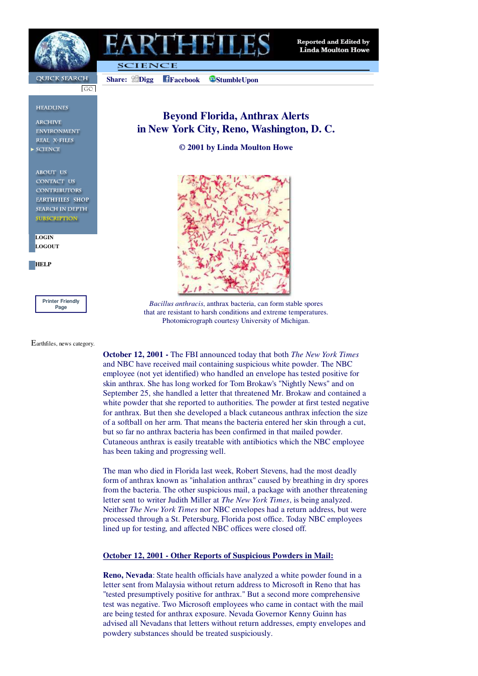 10 12 2001 Beyond Florida, Anthrax Alerts in New York City, Reno, Washington, D. C. cover